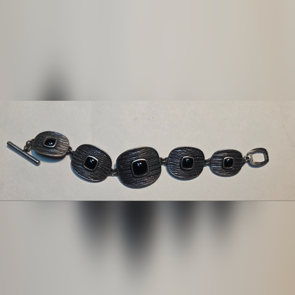 Lia Sophia 80s Style Pewter Tone Bracelet With Black Onyx Cabochons